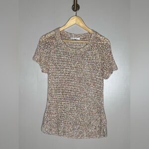 CAbi Open Knit Short Sleeve Sweater Top | Neutral Multicolor | Size S